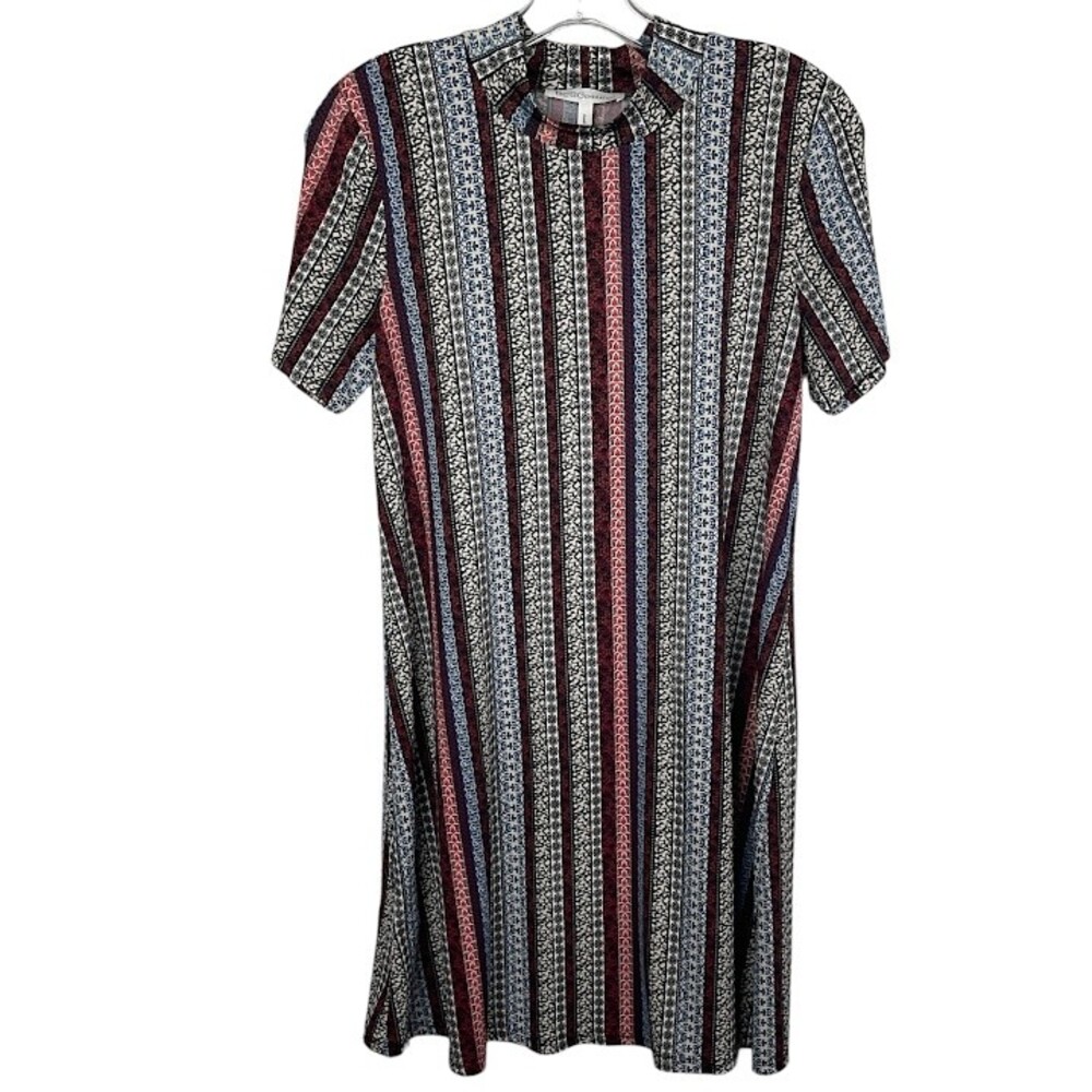 BCBGeneration Med Dress Multi Color Striped Mock Turtleneck Short Sleeve Mini